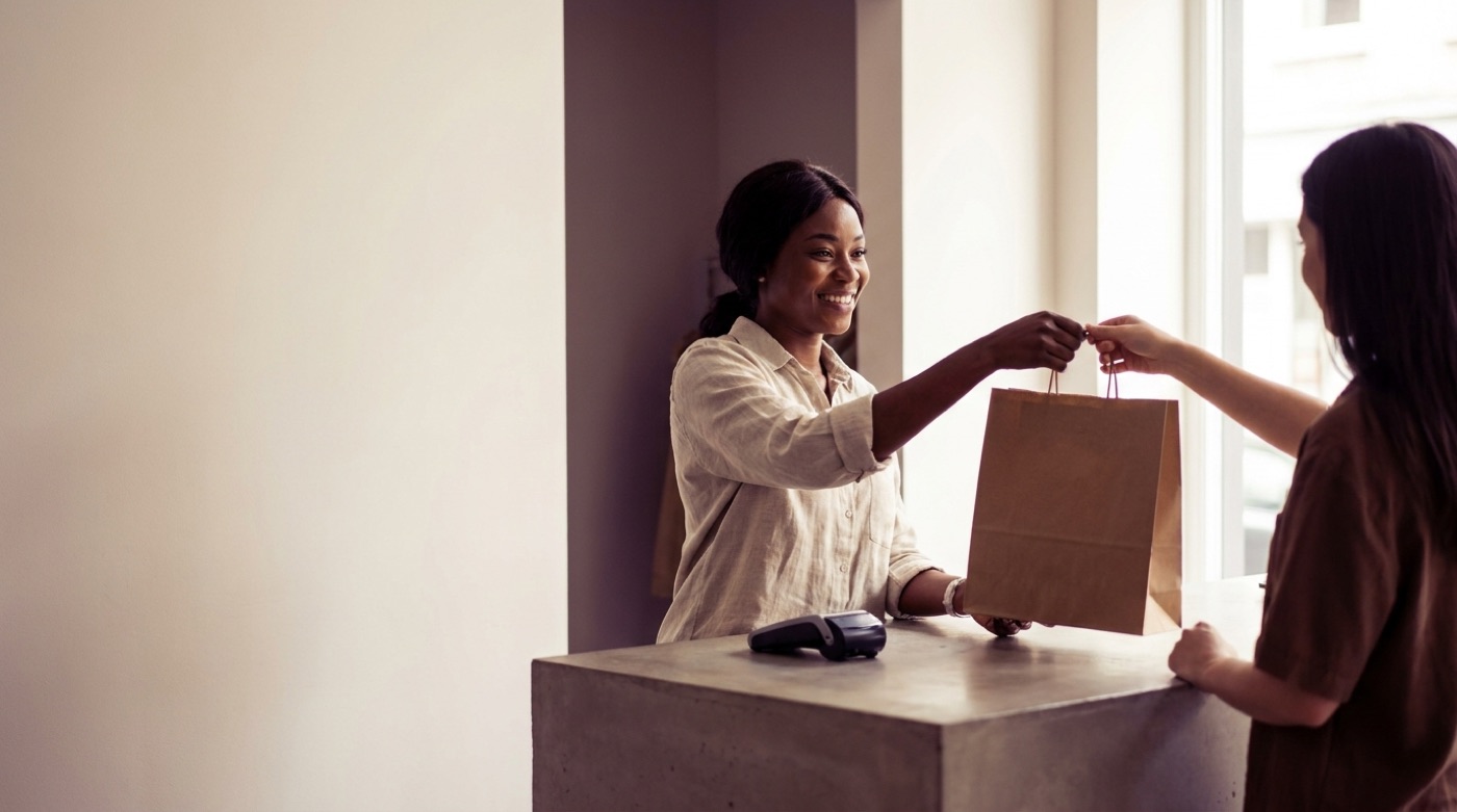 A shop assistant handing a purchase across the counter