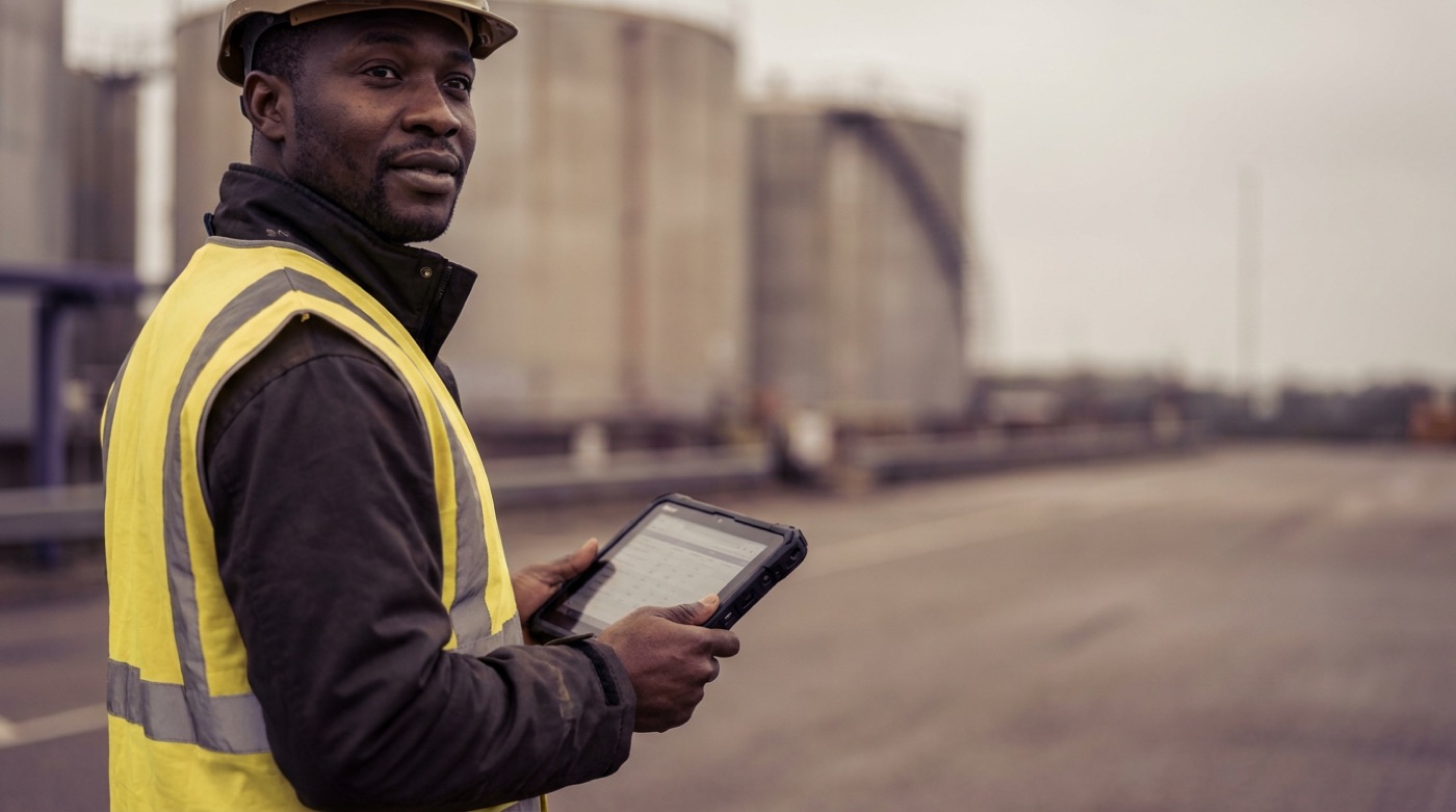 A depot supervisor checking readings on a tablet